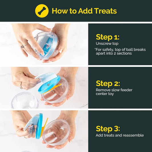 Instructions on how to add treats to a pet toy with step-by-step visuals.