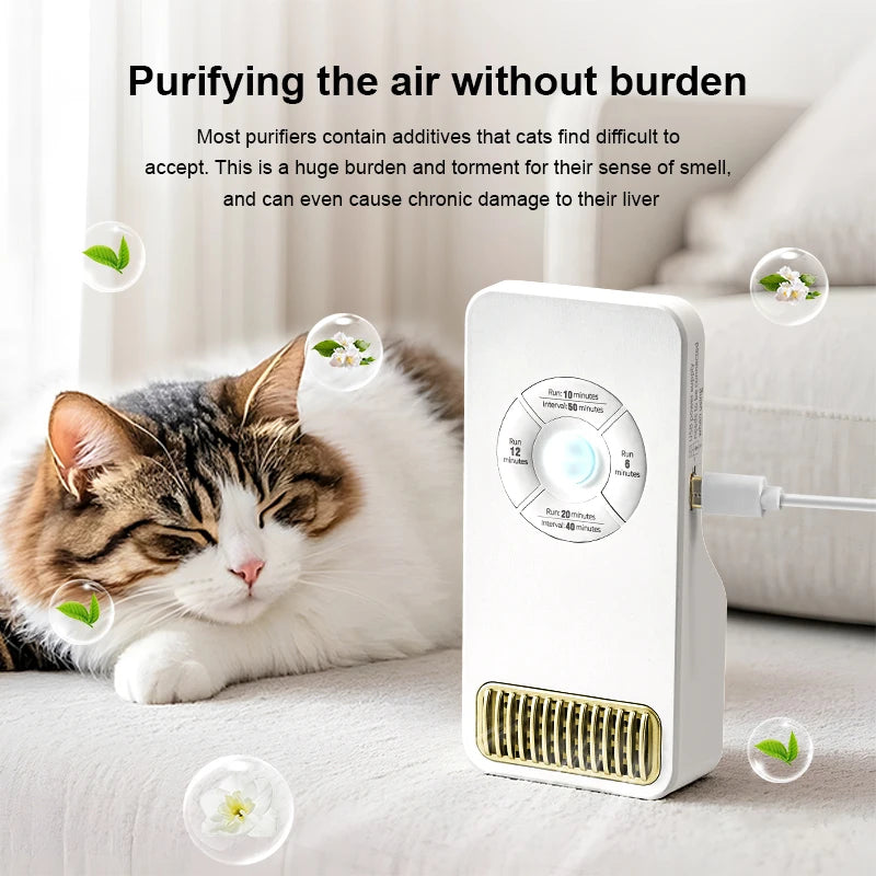 Cat lying on a couch next to an air purifier with text about cat-friendly air purifiers.