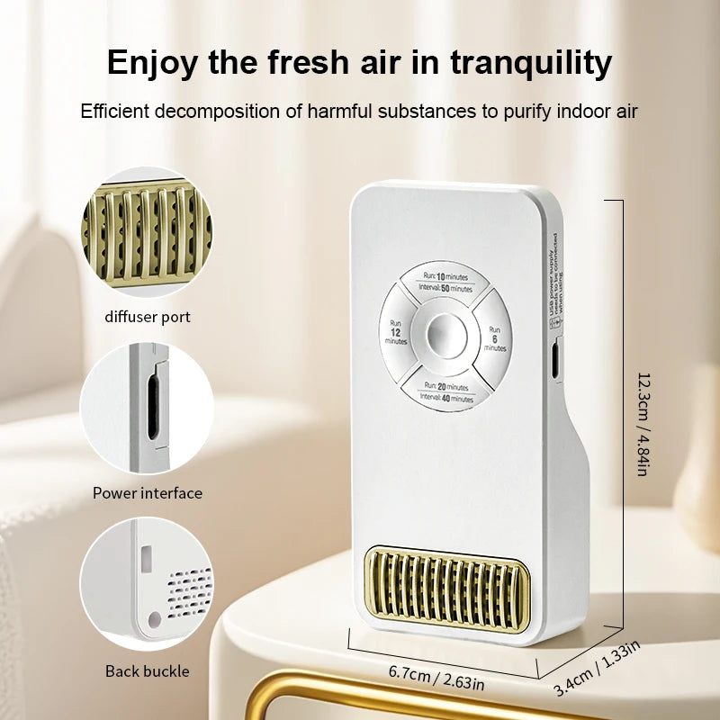 Portable air purifier with features and dimensions on a neutral background