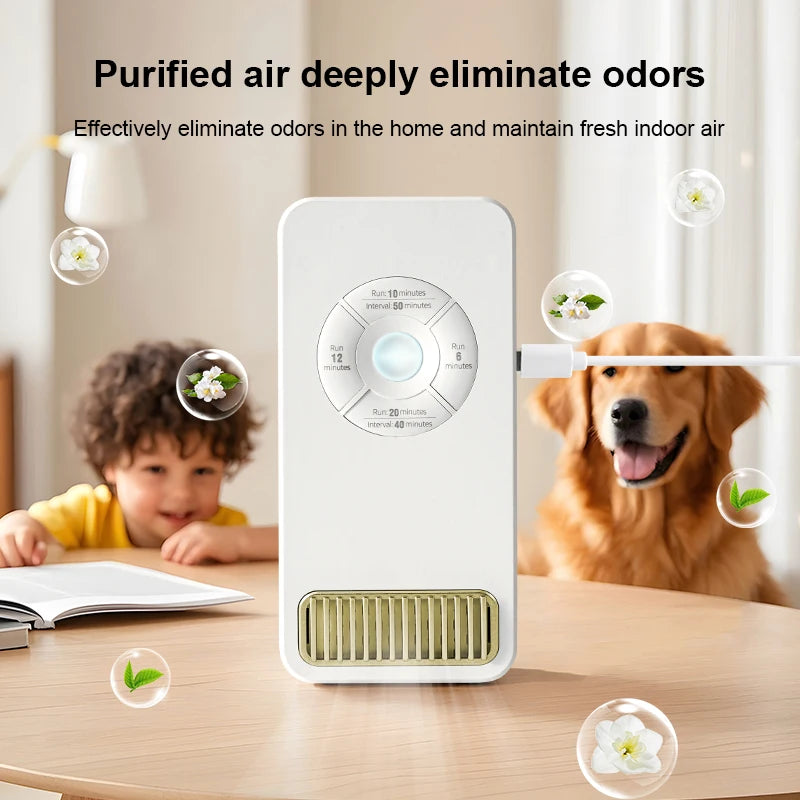 Air purifier on a table with a child and dog in the background, emphasizing odor elimination.