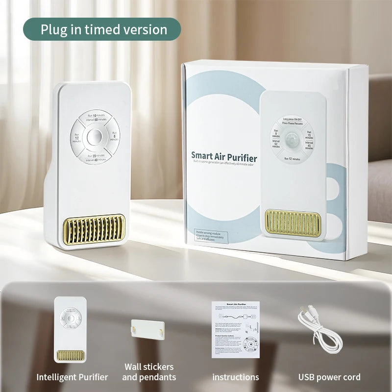 Smart air purifier with packaging, wall stickers, and USB power cord on a table.