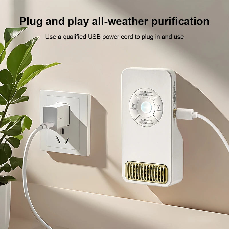 White air purifier plugged into a wall socket with text about plug and play all-weather purification.